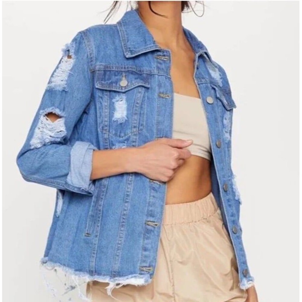 Pretty Little Thing ABEGAILA MID WASH DISTRESS OVERSIZED DENIM JACKET jean Sz 2